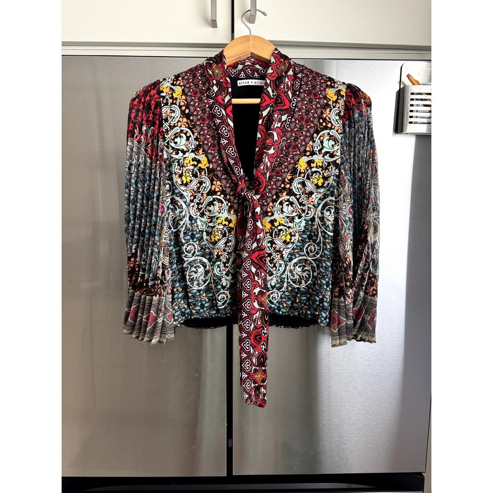 Alice + Olivia Red Multi-Print Tie-Neck Blouse - Picture 2 of 5